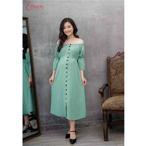 Bán Đầm bầu nẹp nút tay nhún thun xanh Emum