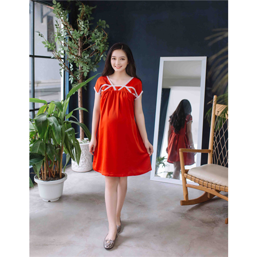 Bán Đầm bầu tay con cổ V phối viền ren chéo cam Emum