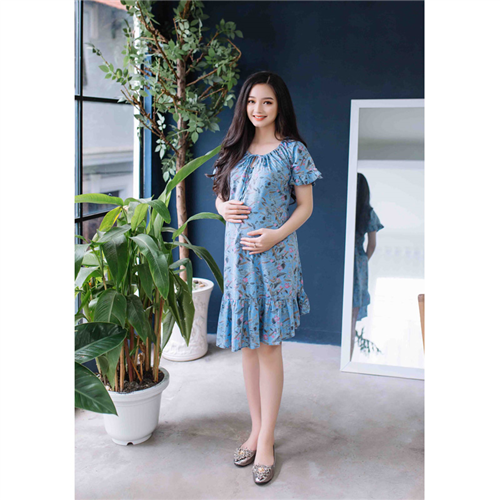 Bán Đầm bầu Jean in họa tiết cổ nút nơ phối bèo nhún xanh đậm Emum