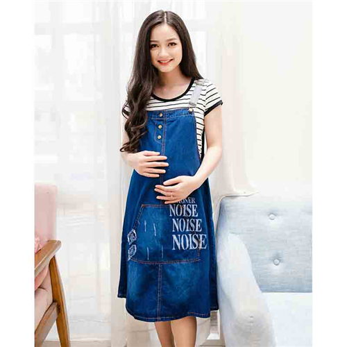 Bán Đầm bầu yếm Jean in chữ phối áo sọc Emum