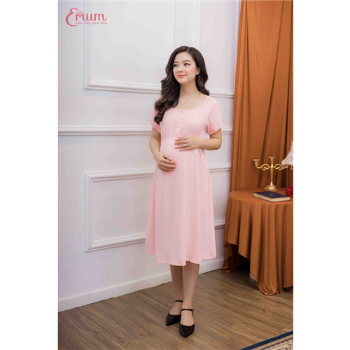 Bán Đầm bầu tay ngắn nhún thun hồng Emum