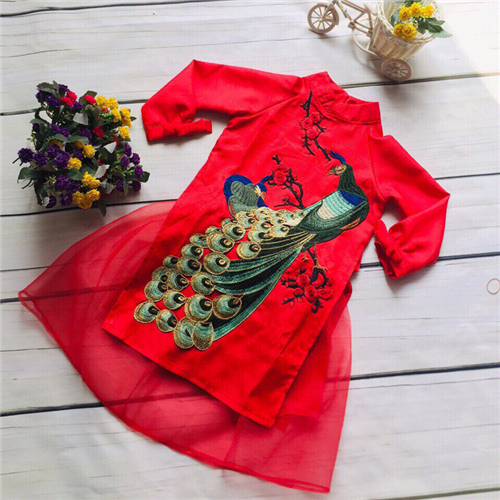 Bán Bộ áo dài bé gái thêu chim Công hoa đào (2-7T)