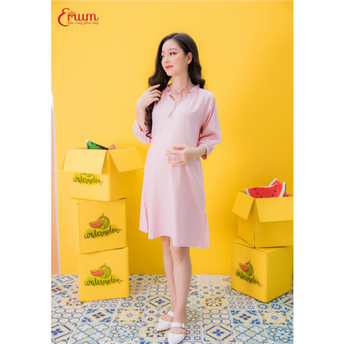 Bán Đầm bầu sơ mi suông tay bo cổ nơ sọc đỏ Emum