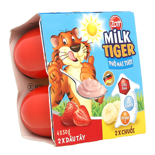 Bán Phô mai tươi Milk Tiger hương dâu chuối (Vỉ 4 hộp)