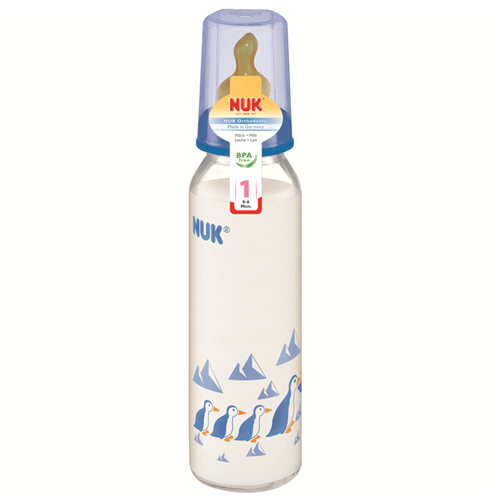 Bán Bình sữa Nuk 745018 230ml (cổ hẹp, thủy tinh, núm cao su)