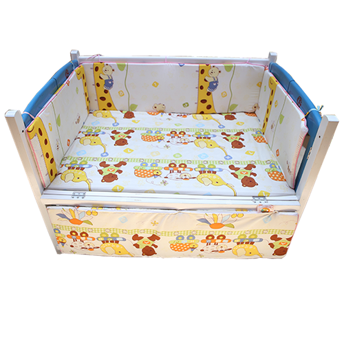 Bán Cũi sơn gỗ Quế 80*120 màu xanh bao gồm (Quây, ga, nệm, ga chống thấm)