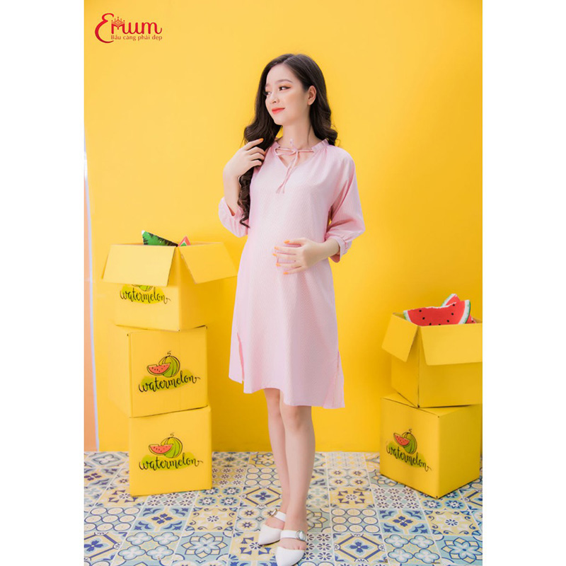 sơ mi suông tay bo cổ nơ sọc đỏ