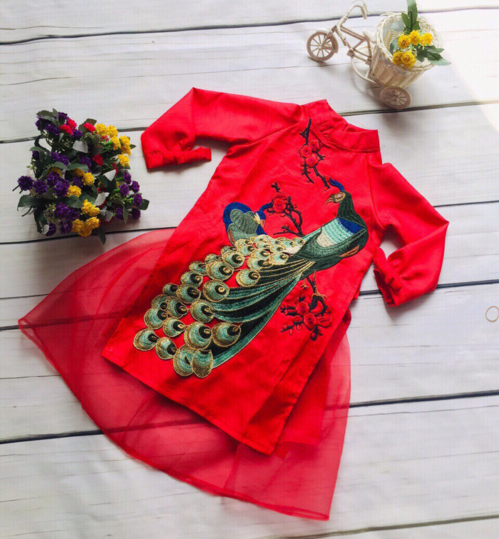 bộ áo dài bé gái thêu chim Công hoa đào (2-7T)
