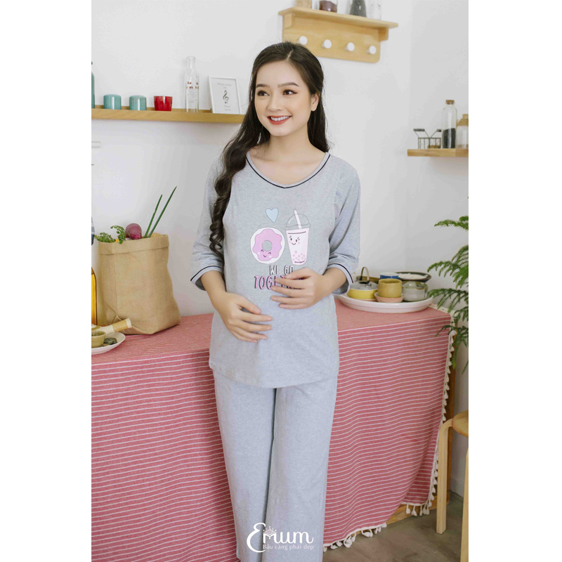 Bộ bầu cổ tim in ly xám Emum