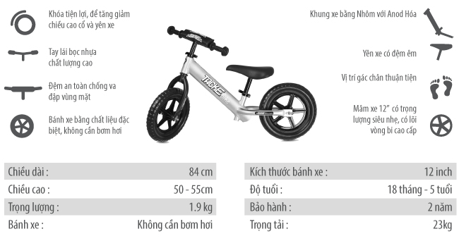 Thông số kĩ thuật của Xe thăng bằng Tacke Alu nhôm