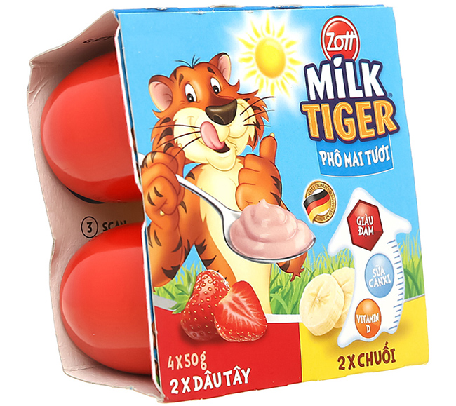 Phô mai tươi Milk Tiger hương dâu chuối (Vỉ 4 hộp)