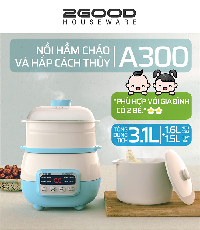 Nồi hầm cháo cách thủy 2 tầng 2Good A300 (3.1L)