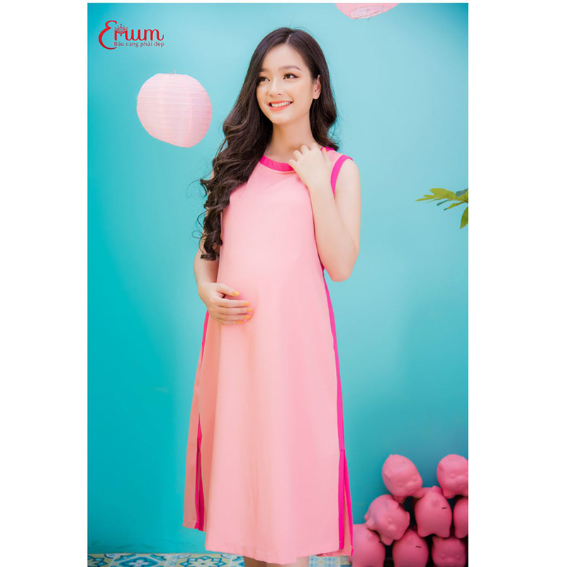 Đầm bầu suông sát nách phối viền xẻ tà hồng Emum