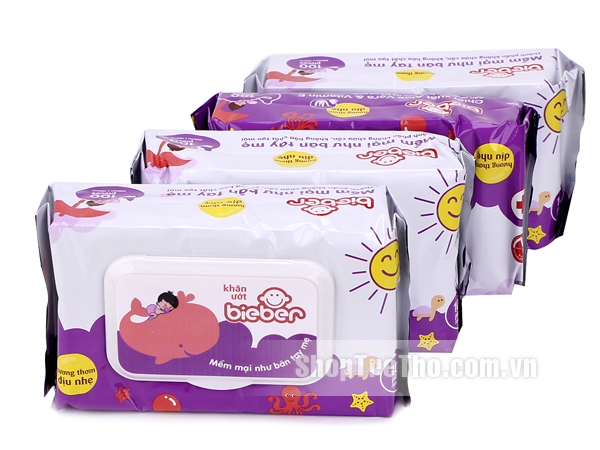 Giấy ướt Bierber 100 tờ màu tím (lốc 4 gói)