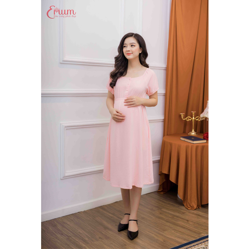 Đầm bầu tay ngắn nhún thun hồng Emum