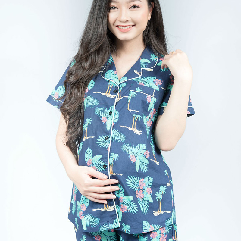 Bộ bầu pyjama kate tay ngắn quần dài xanh đậm Emum