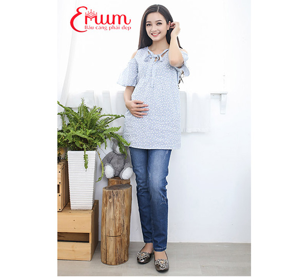 Quần bầu jean dài trơn xanh wash Emum