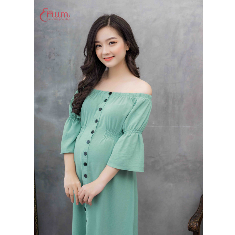 Đầm bầu nẹp nút tay nhún thun xanh Emum