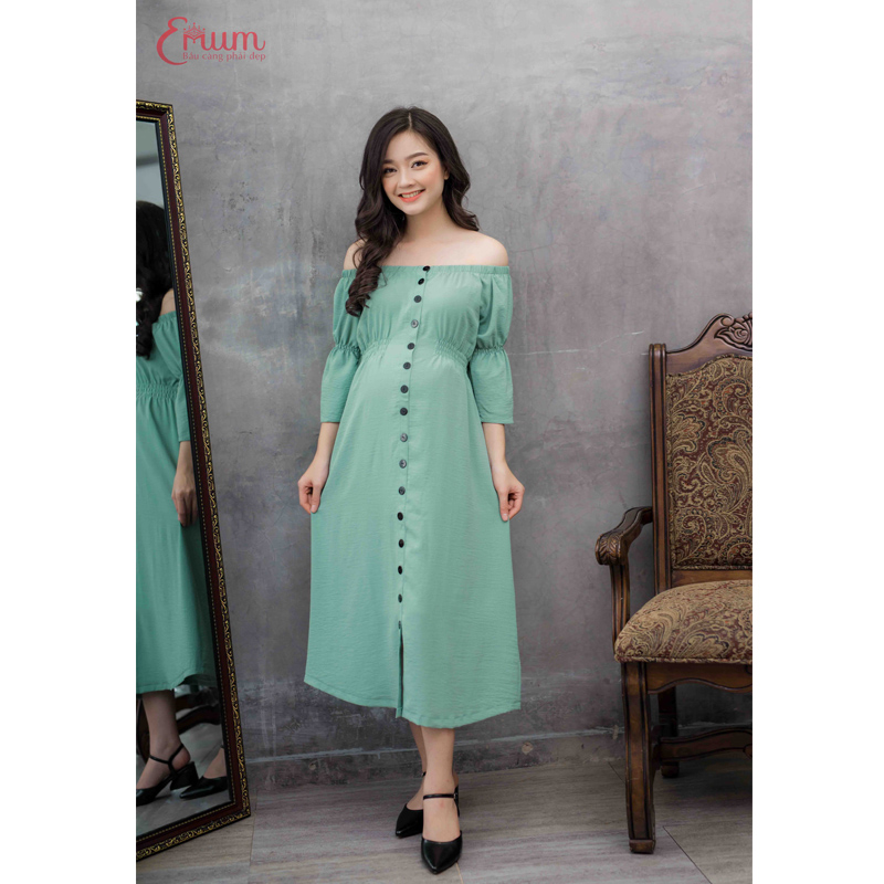 Đầm bầu nẹp nút tay nhún thun xanh Emum