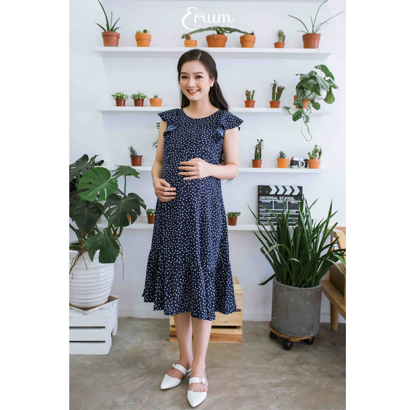 Đầm bầu nhún bèo bi xanh đen Emum