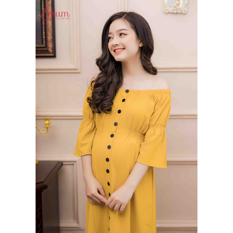 Đầm bầu nẹp nút tay nhún thun vàng Emum