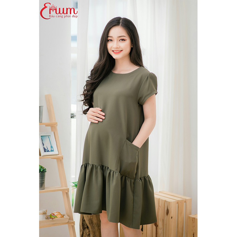 Đầm bầu đuôi cá phối túi đắp xanh rêu Emum