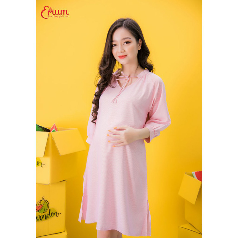 sơ mi suông tay bo cổ nơ sọc đỏ