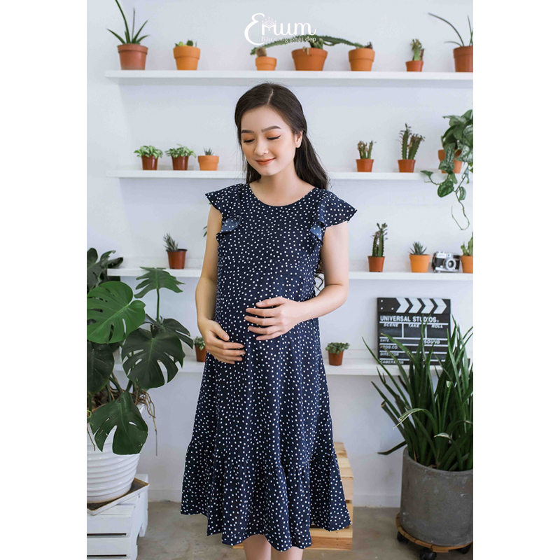 Đầm bầu nhún bèo bi xanh đen Emum