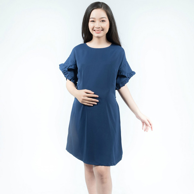Đầm bầu suông tay bèo đắp chéo xanh Emum