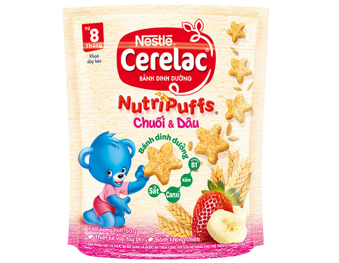 Bánh ăn dặm Nestlé Cerelac Nutripuffs vị chuối dâu (50g)