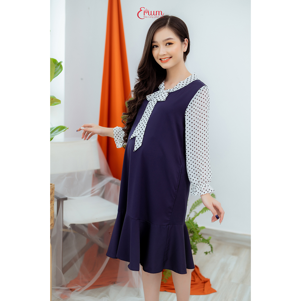 Đầm bầu tay dài phối bi xanh đen Emum