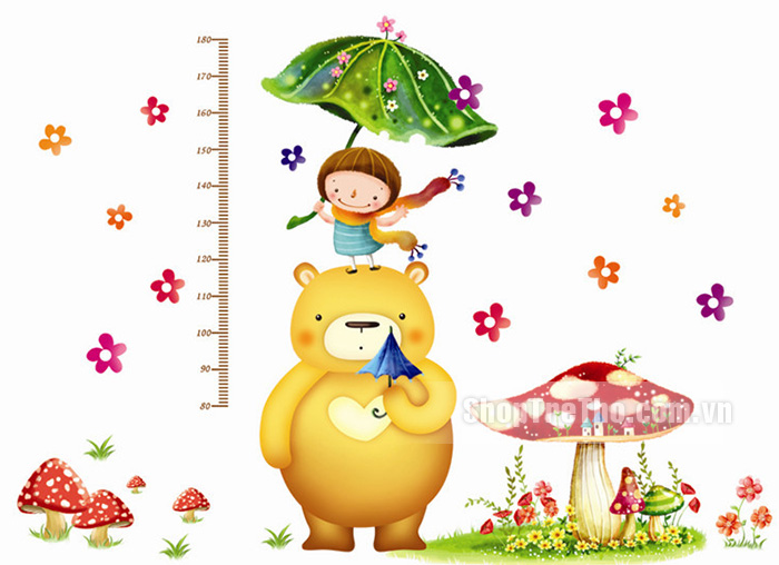 Tranh dán thước đo chiều cao gấu che ô M0085
