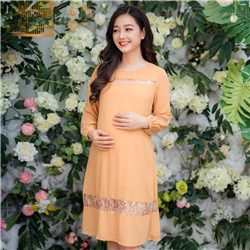 Bán Đầm bầu vải tằm tay dài phối ren Emum (màu da)
