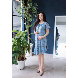 Bán Đầm bầu Jean in họa tiết cổ nút nơ phối bèo nhún xanh đậm Emum