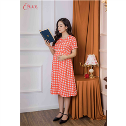 Bán Đầm bầu tay ngắn sọc ca rô đỏ Emum