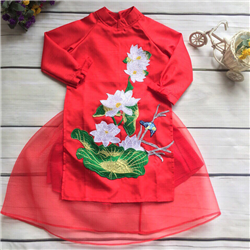Bán Bộ áo dài bé gái thêu hoa sen (2-7T)